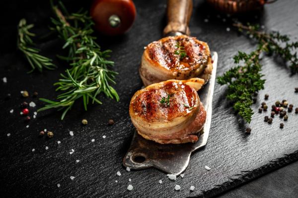 Bacon‑Wrapped Strip Steaks with 3‑Pepper Marinade